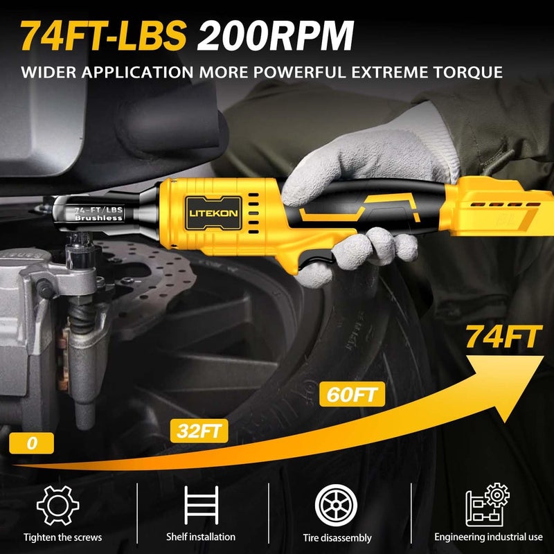 LITEKON Cordless Ratchet Wrench Set Compatible with𝗗𝗘-𝗪𝗔𝗟𝗧 20V Max Battery (No Battery) - 74Ft-lbs 650 RPM High Power 3/8-inch Brushless Electric Power Ratchet Wrench Tool with LED Light - Image 4